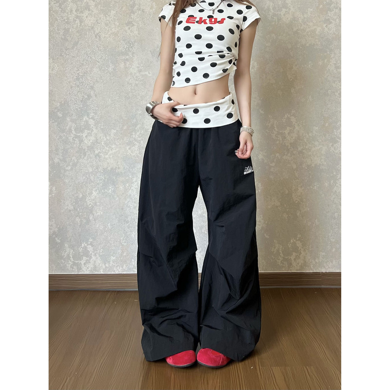 Marmroo American Retro Polka Dot Patchwork Loose Wide-Leg Pants for Women, Summer Floor-Length Pleated Casual Long Pants
