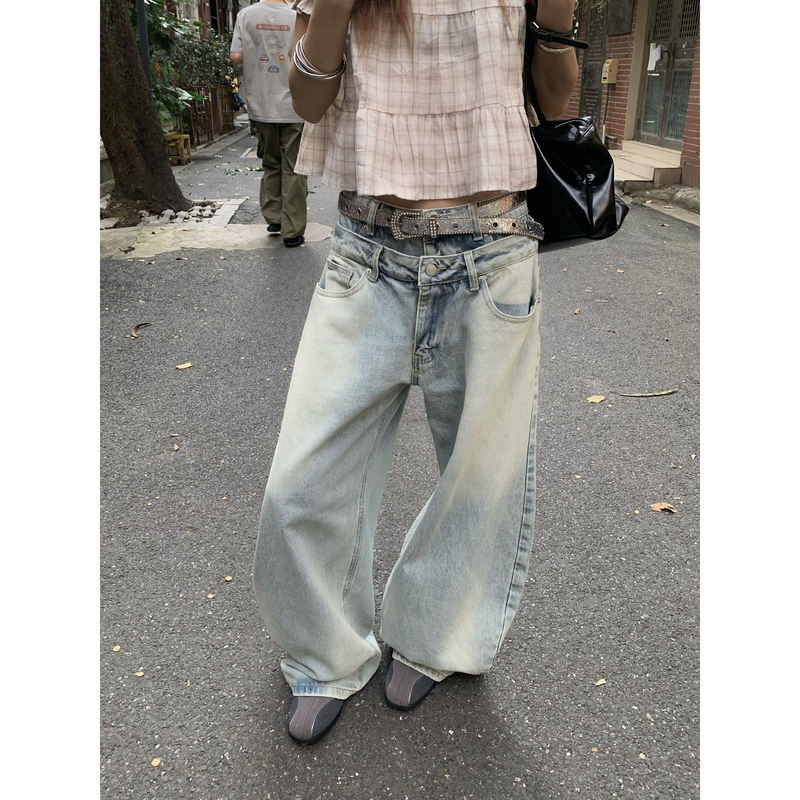 Marmroo American Retro Washed Distressed Double Waistband Scimitar Jeans for Women, Summer Loose Wide-Leg Long Pants Marmroo American Retro Washed Distressed Double Waistband Scimitar Jeans for Women, Summer Loose Wide-Leg Long Pants