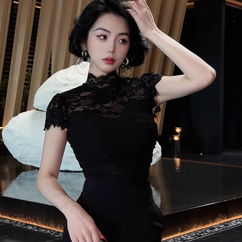 Lyxj【Dettica Black Gauze】2026 Summer Style Niche Design Fashionable Black Lace Patchwork Top 13311 Lyxj【Dettica Black Gauze】2026 Summer Style Niche Design Fashionable Black Lace Patchwork Top 13311