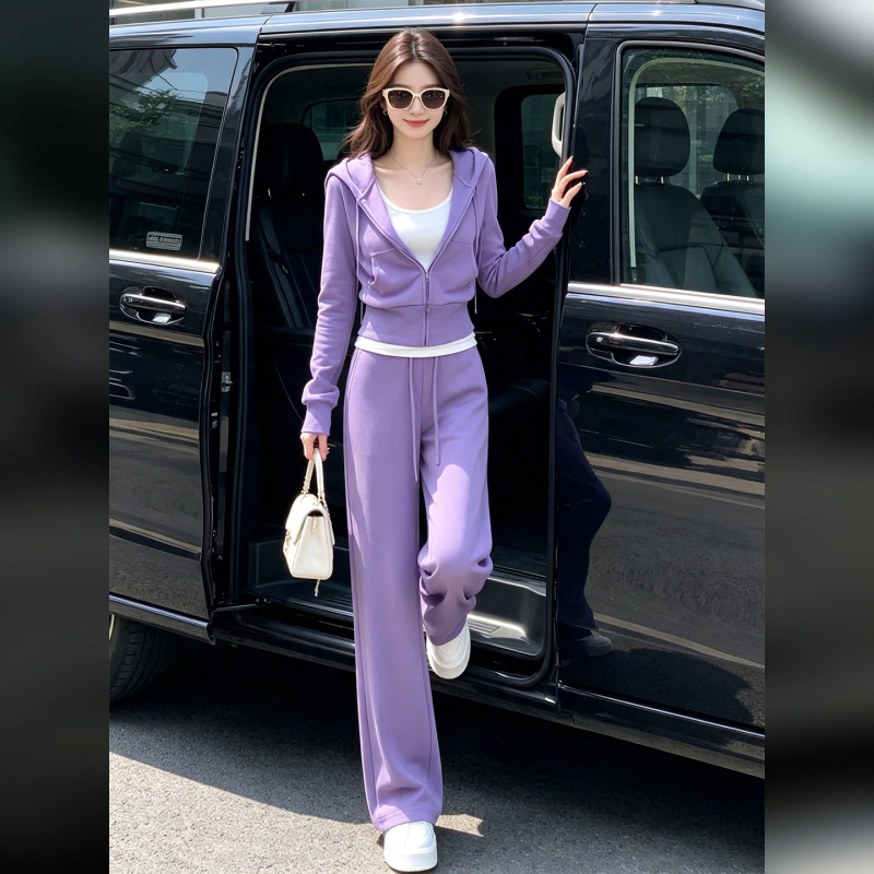 Very Stylish and Casual Women's Suit for Autumn, High-End, Age-Reducing, Slimming, Hooded Zip-Up Jacket and Wide-Leg Pants Two-Piece Set