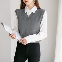 Spring Autumn New Korean Version Women Kan Shoulder Waistcoat Machia Academy Wind Horse Clamp Loose Sweater Shorn Knitted Wool Vest Jacket