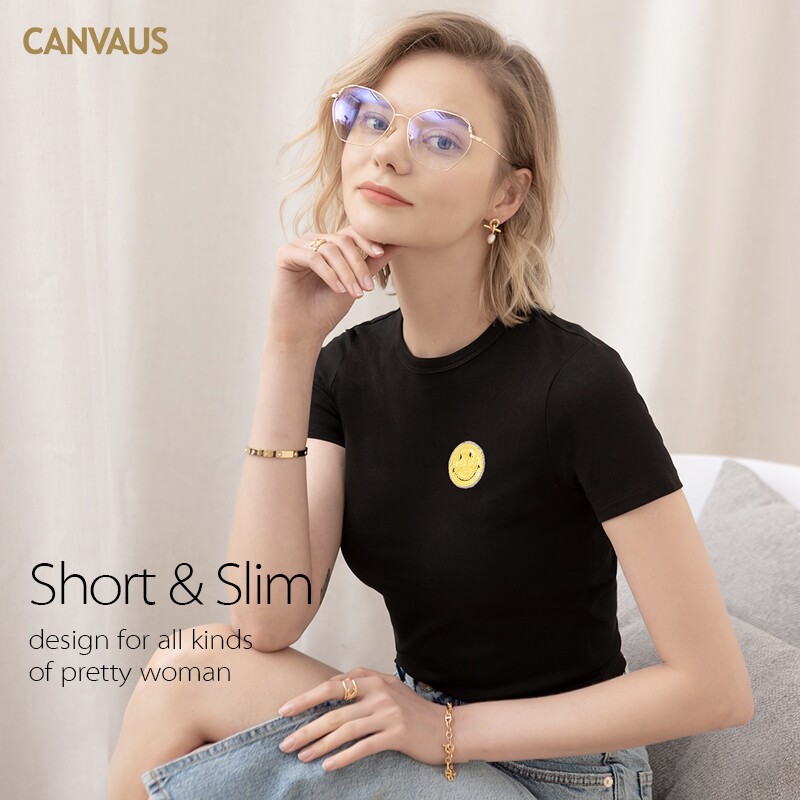 CANVAUS short sleeve t-shirt female threaded round neckline with smiley face printed blouse Chains short outside wearing body shirt 