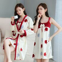 Coral flannel nightgown two-piece womens bathrobe suspender nightgown Winter thickened mid-length pajamas Home service