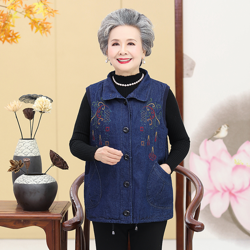 Autumn and Winter Style Denim Cotton Vest for Middle-Aged and Elderly Women, Plus-Size Embroidered Fashion Vest for Plus-Size Moms, Sleeveless for Grandma