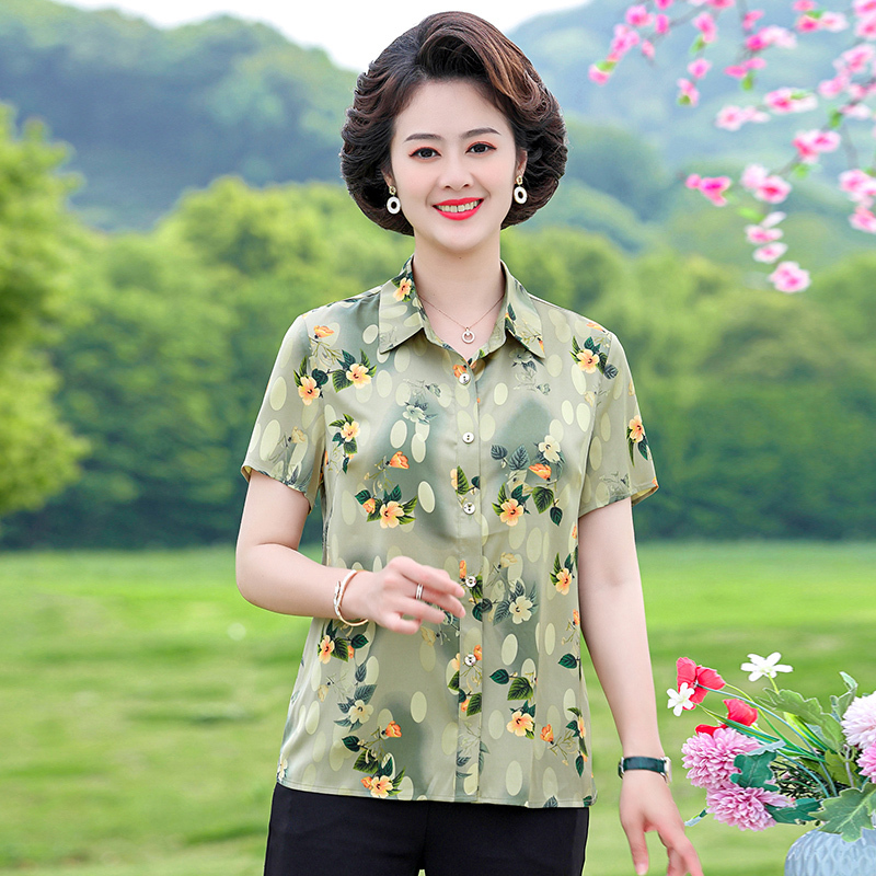 Mom's Summer High-End Short-Sleeved Shirt, Fashionable Printed Lightweight Women's Collared Floral Ice Silk Half-Sleeve Shirt, Trendy