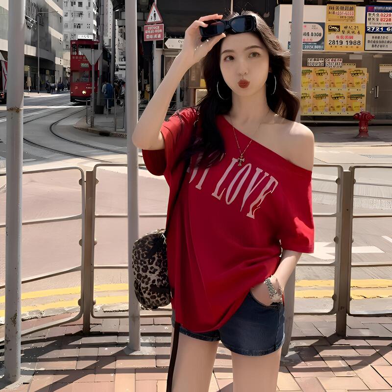 American-Style Spicy Girl Red Lettering Off-Shoulder Short-Sleeve T-Shirt for Women, Summer Loose Design, Niche One-Shoulder Top