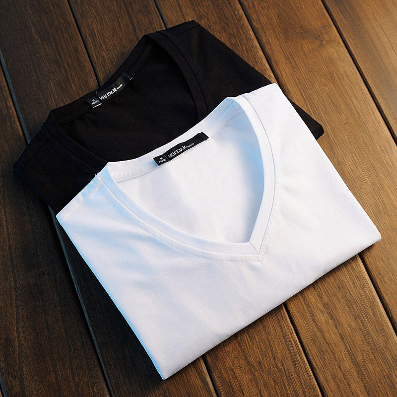 V collar T-shirt male long sleeve spring Korean version Body Tight Fit Pure Cotton White Jersey Man Short Sleeve Pure Color Blouse Tide
