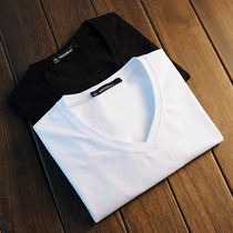 Short-sleeved T-shirt mens V-neck summer slim-fit stretch cotton white bottoming shirt mens long-sleeved solid color T-shirt autumn clothes tide