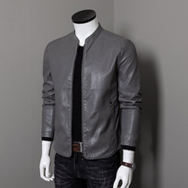 Stand-up collar motorcycle leather jacket mens slim Korean version handsome spring thin youth casual trend leather jacket mens jacket