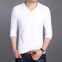 Long-sleeved T-shirt mens V-neck Korean slim-fit trend pure white spring inner tight bottoming shirt mens short-sleeved T-shirt