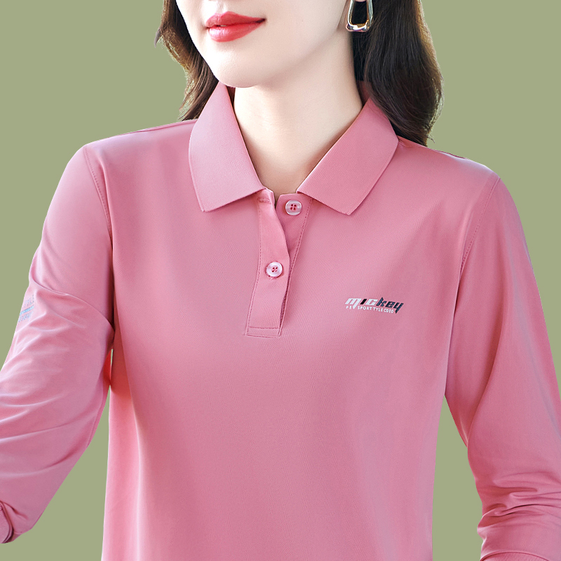 Ice Silk Long-Sleeved T-Shirt for Women, Summer Thin Style, Stylish Sun-Protective Casual Top for Mothers, Middle-Aged Polo Shirt with a Collar