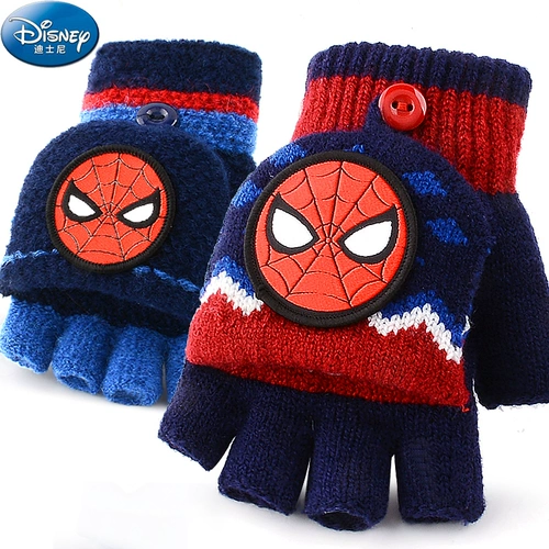 Дисней, детские демисезонные перчатки для мальчиков, удерживающая тепло трикотажная мультяшная словарная карточка для письма для школьников, без пальцев, Человек-паук