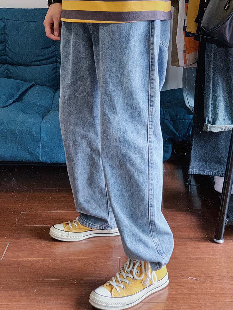 Japanese retro washed loose drawstring straight leggings jeans all-match daddy pants cotton casual pants men's tide
