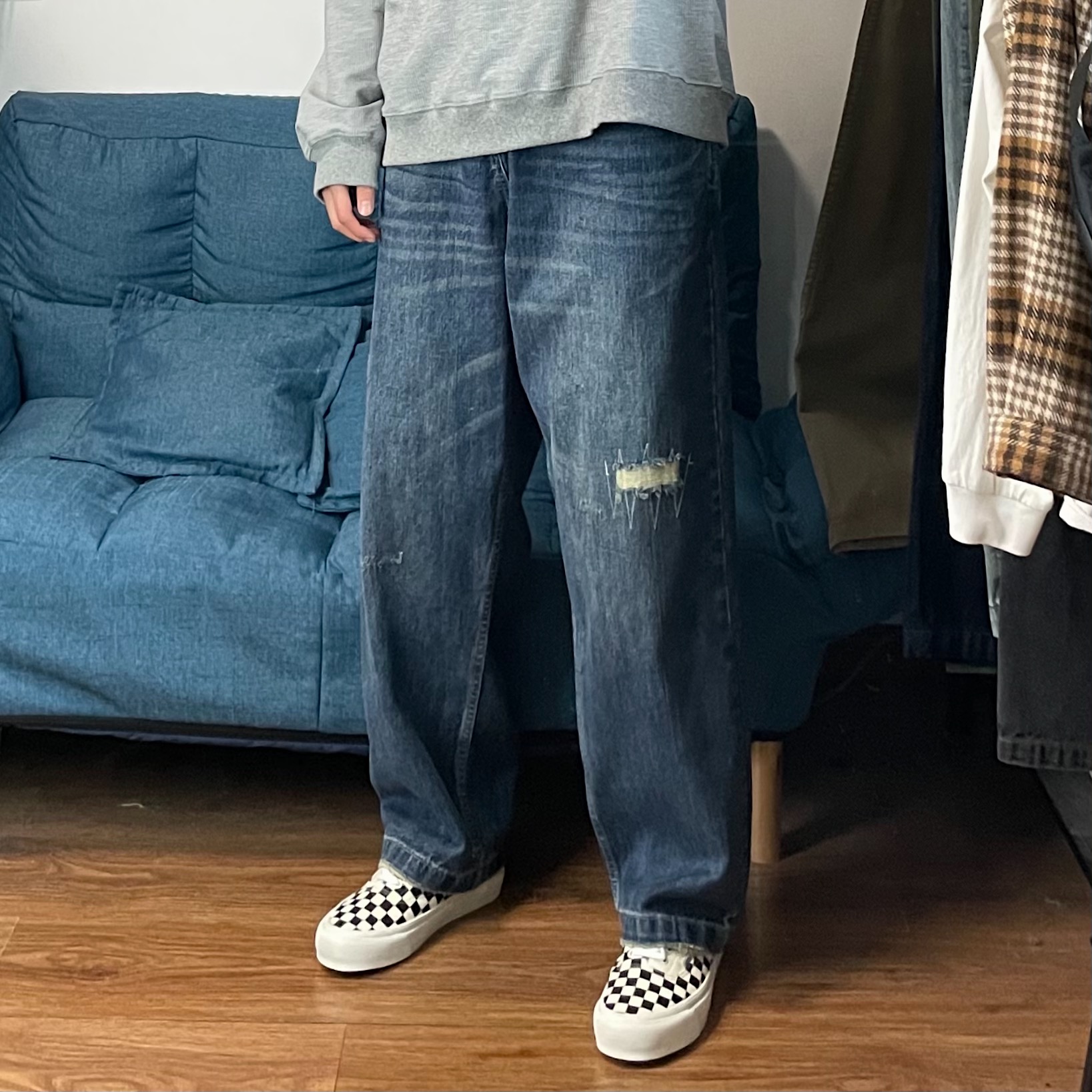 Ouyang classmates spring new trendy brand straight wide trousers washed and made old three-dimensional tailoring Hong Kong style jeans men