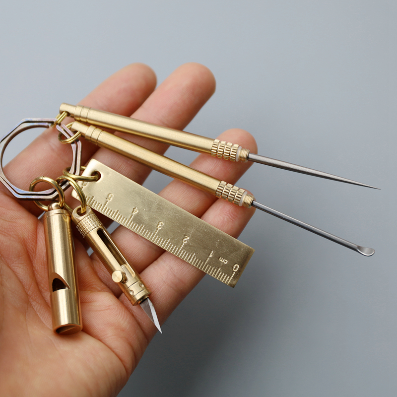 Brass multifunction suit EDC tool pendant Mini small knife begging to give birth whistle-size titanium alloy toothpick ear spoon