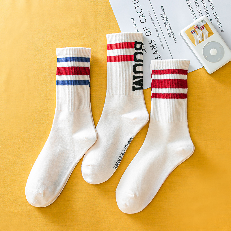 Sports Mid-Calf Socks, Summer Style, Red Striped Socks for Women, Two Stripes, ins Korean Version, Pure Cotton, Versatile, All-Cotton, with Letters