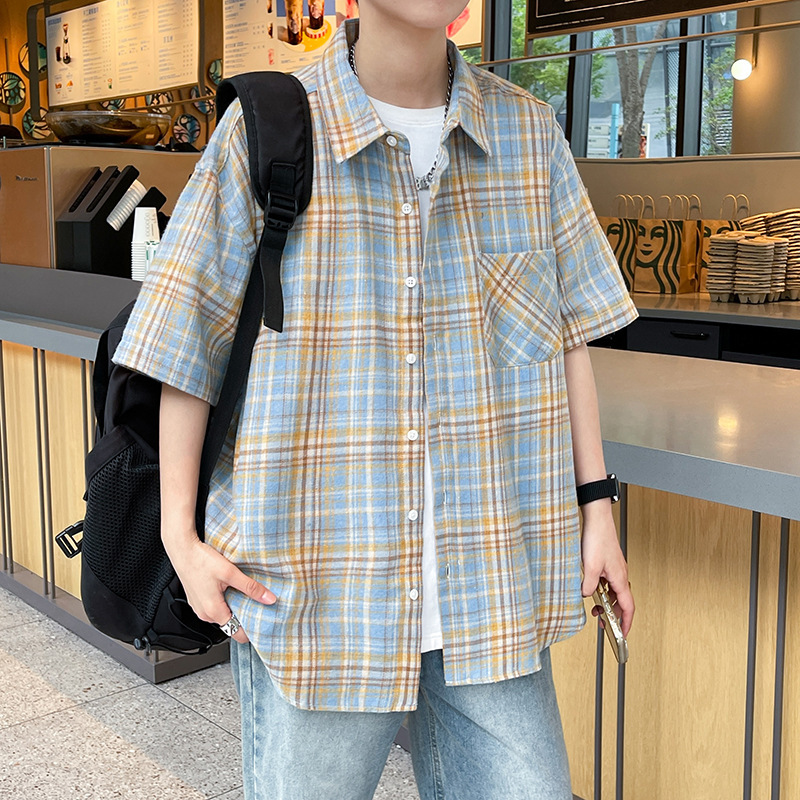 New Japanese-Style Retro Plaid Shirt for Men, Spring Casual Versatile Loose Short-Sleeve Shirt Jacket for Outerwear