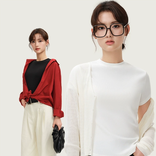 Хлопковая приятная телу модная футболка с коротким рукавом, 2024 года, облегающий крой