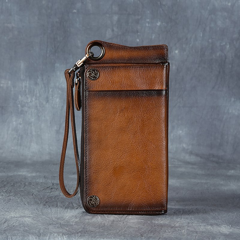 Xibaoque Wallet with Multiple Card Slots, Phone Pouch, Genuine Leather Zipper, Vintage Style, Hidden Zipper Pocket, Top Layer Cowhide, Handcrafted with Color Treatment