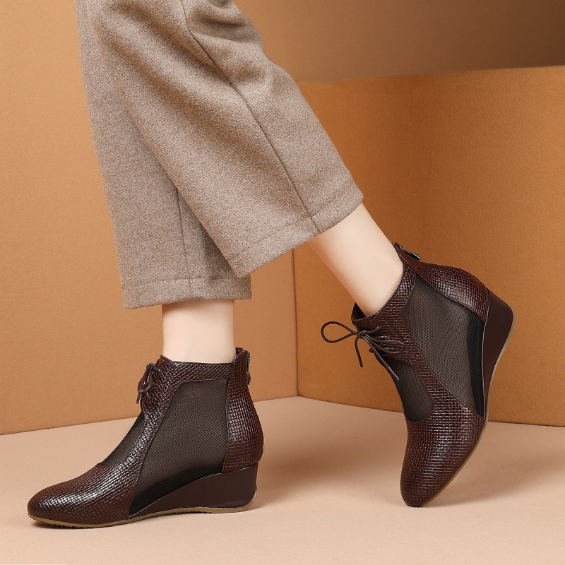 Slope heel sandals spring and summer hollow net boots round leather mesh boots in old mom heel shoes