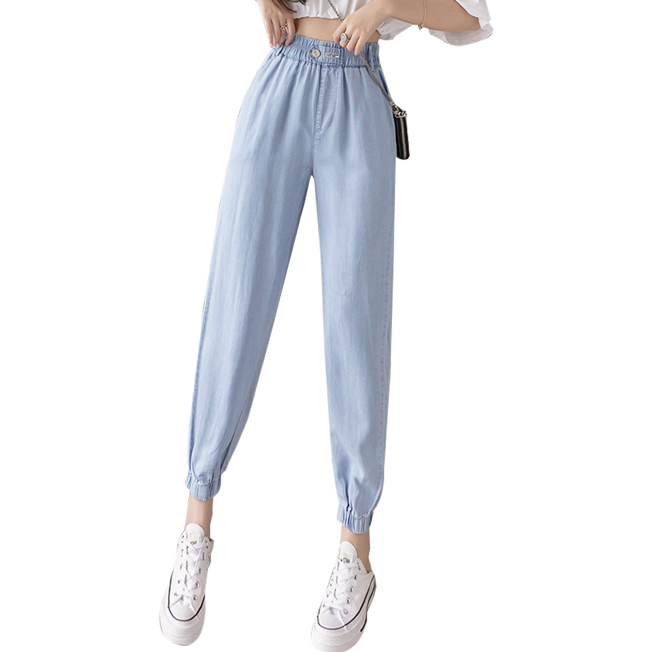 LT2020 Summer Hàn Quốc phiên bản mới thời trang Ice Silk Jeans nữ Feet nhỏ Loose-fitting Silk quần Straight Lantern Tide