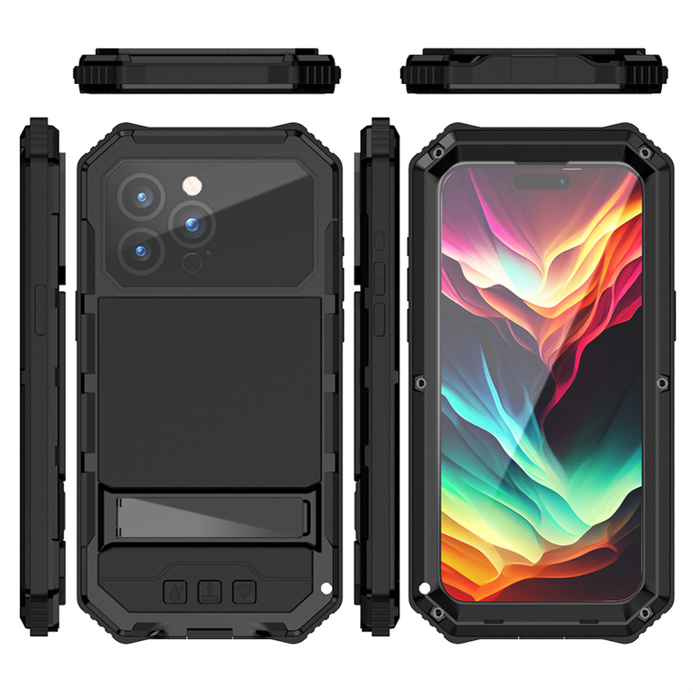 Metal Tough Shockproof 3 Layer Drop Resistant 360 Full Protection Kickstand Function High End Premium 15, 15 Plus, 15 Pro, 15
