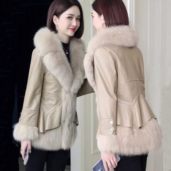 Slim waist regular large fur collar pu leather