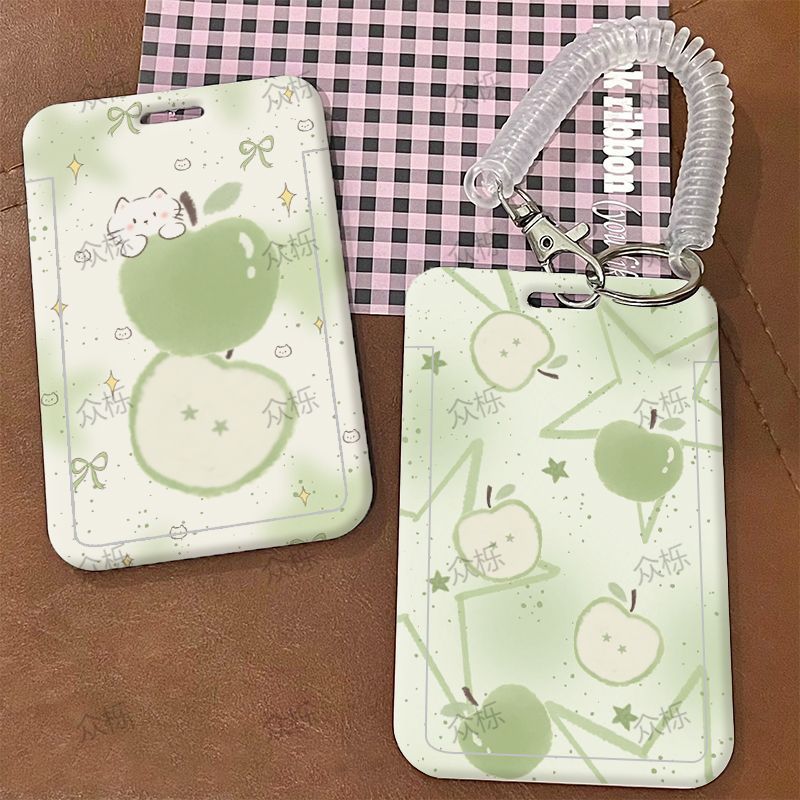 Cute green apple cat-themed student campus card/meal/water card sleeve, trendy and unique work card/ID card protector.