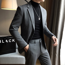 2021 autumn mens casual suit suit suit Korean version of the British two buckles trend slim suit mens two sets