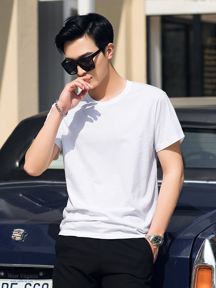 OECANA men's new men's short-sleeved men's t-shirt round neck solid color loose white cotton T-shirt base shirt men