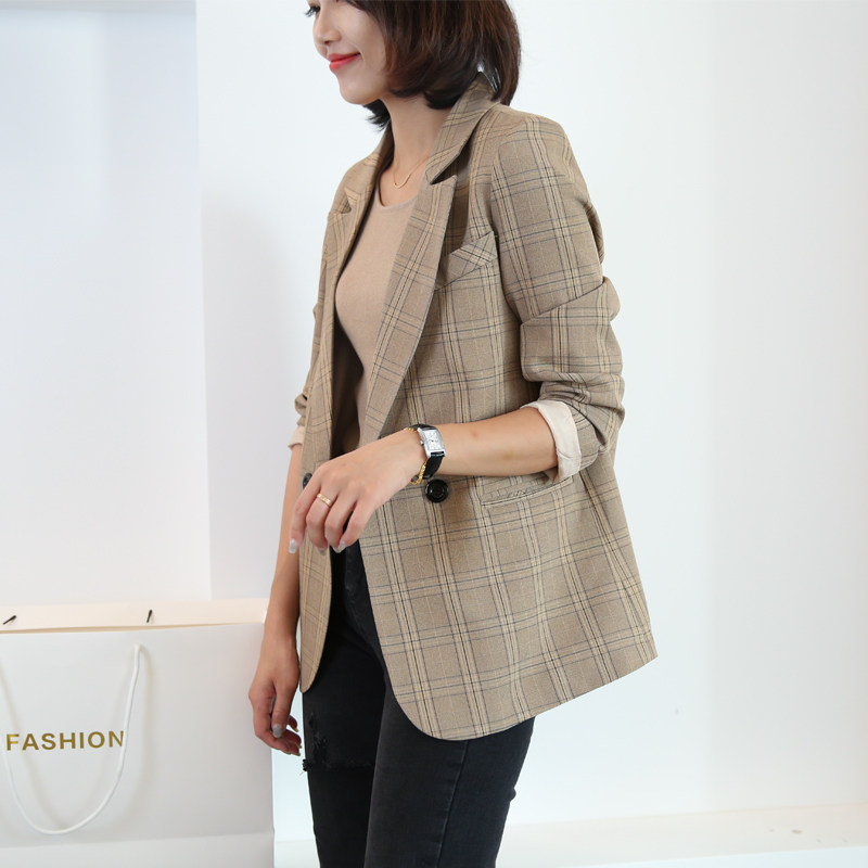 European Standing Suit Jacket Female Plaid 2022 Spring Clothing New Pint Casual 100 Hitch Plaid Suit Jacket Woman Thin
