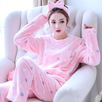  Flannel hairy cute suit home pajamas womens autumn and winter thickened coral velvet student loose crew neck