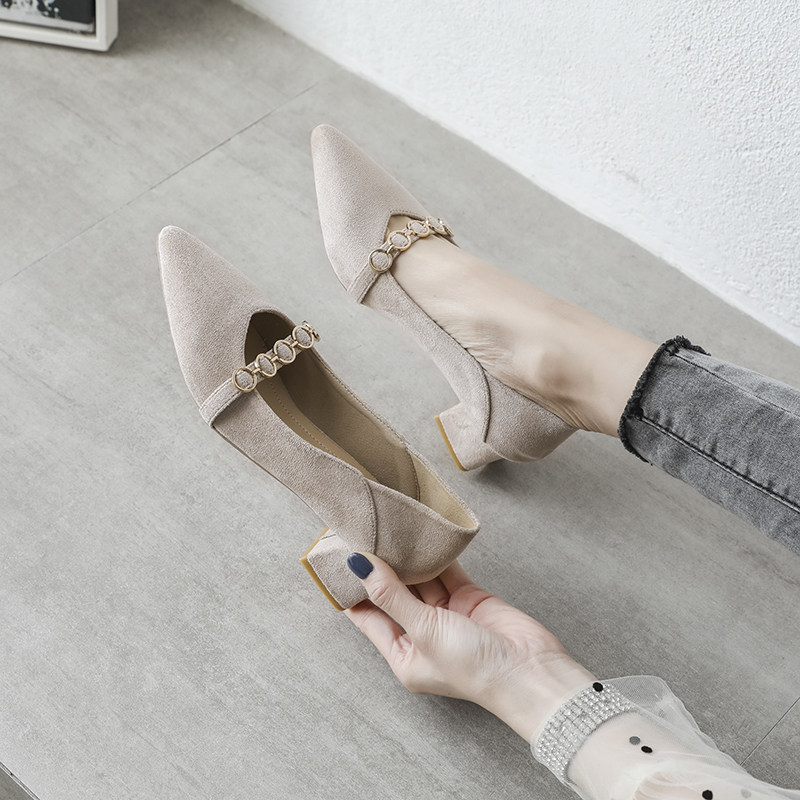 Women's shoes spring 2022 new early spring models pointed toe middle heels thick heels high heels late evening gentle spring and autumn single shoes women