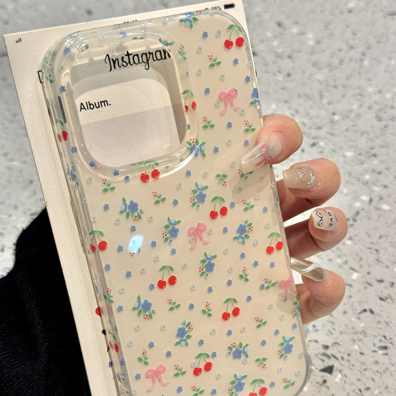 Fresh and Simple Cherry Floral Design Suitable for iPhone 16 Pro Max, Apple 15 Pro Phone Case, Double-Sided for iPhone 14, iPhone 13
