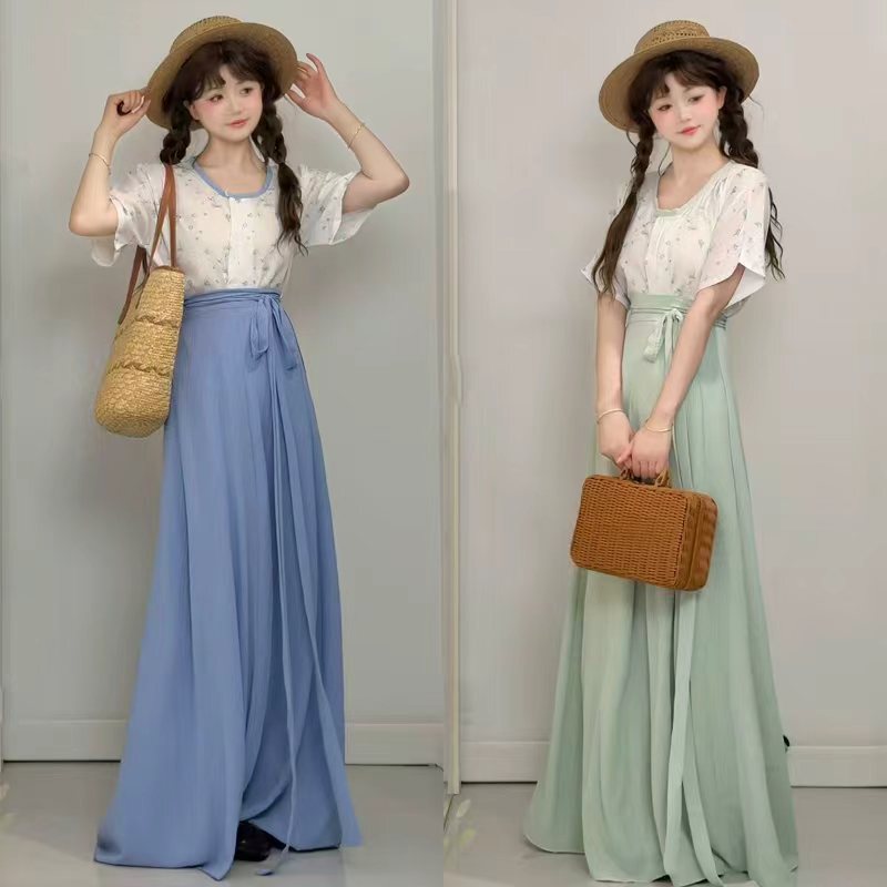 Gong Yuyi's Original Hanfu Women's Tang-Style Blouse with Round Neck and Skirt, Daily Commute New Chinese-Style Set, Summer Edition