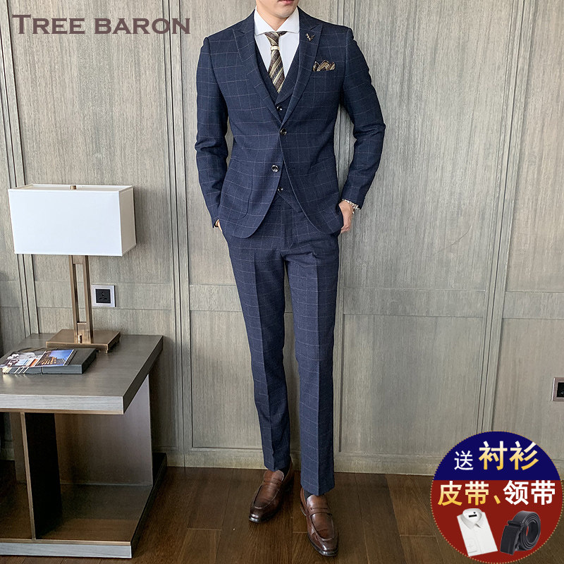 Groom wedding gown Inlenes Plaid suit Men's suit Business Korean version Leisure Custom Fit with three sets-Taobao