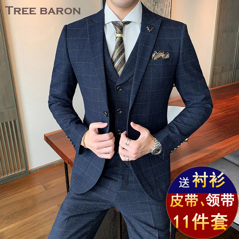 Groom suit suit men's three-piece set casual business is decorating the wedding dress plaid suit male British