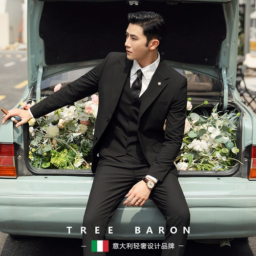 Мужской комплект, платье, пиджак классического кроя, легкий роскошный стиль, 3 предмета, в корейском стиле