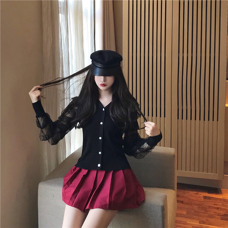 VK旗艦店 韓國風V領蕾絲針織衫薄款拼接長袖上衣