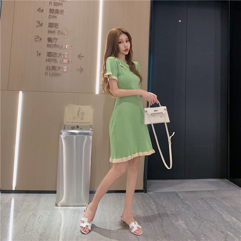 VK旗艦店 韓系拼接荷葉邊翻領木耳邊短袖洋裝