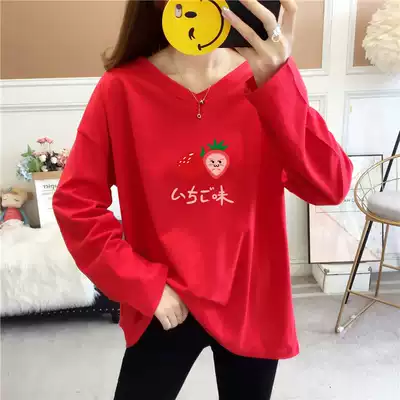 Cotton long sleeve T-shirt female spring and autumn loose lazy foreign pie large size slim Joker outside wear base shirt V neck coat women
