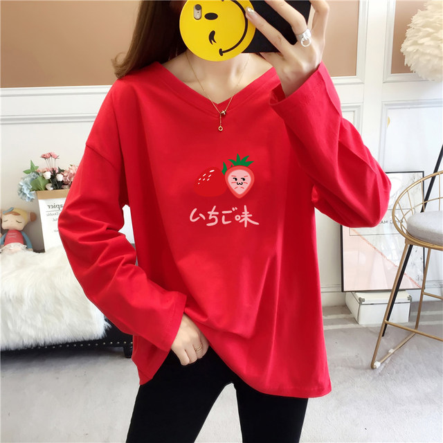Women's cotton long-sleeved T-shirt spring and autumn loose, lazy, large size was thin, all-match outer wear bottoming shirt V-neck blouse women