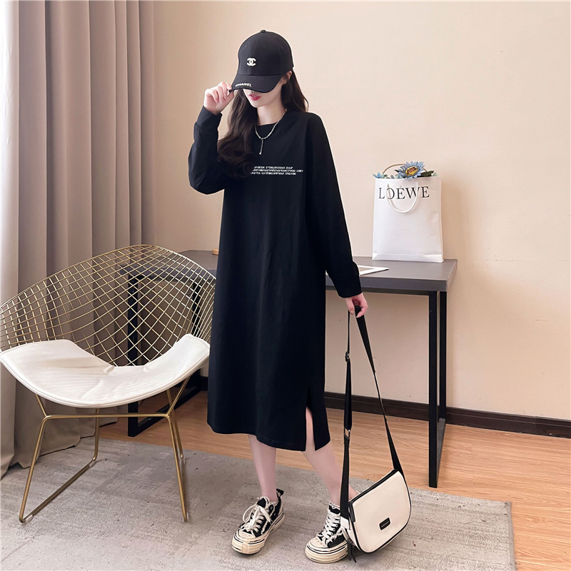 Spring and Autumn New Korean Style Long Sleeve Dress Pure Cotton T-Shirt Dress Letter Print Long Fashionable Over-The-Knee Base Layer Dress