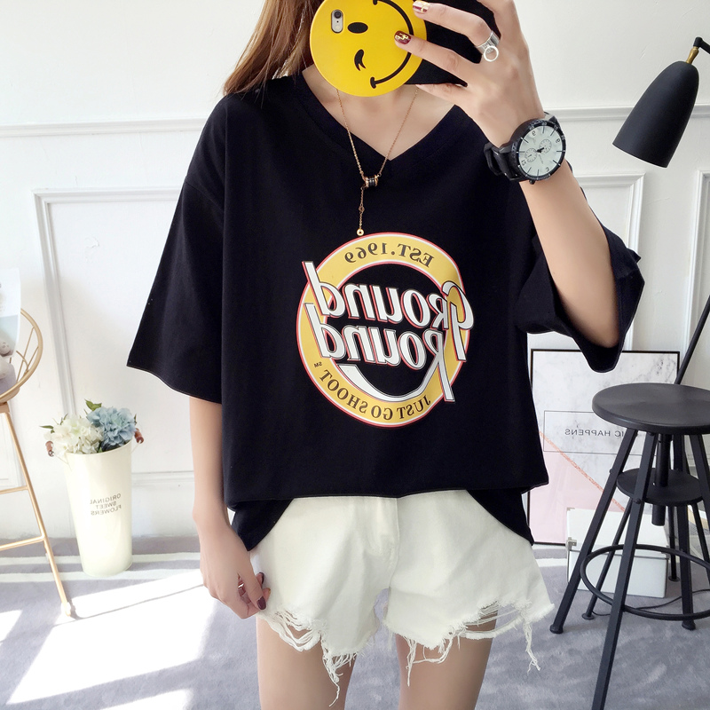 Mùa hè mới béo mm che bụng áo phiên bản Hàn Quốc của nữ cổ chữ V cỡ lớn Tây Tạng thịt ngắn tay áo thun cotton nữ hoang dã quần mặc trong váy