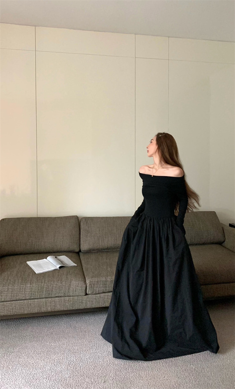 Vintage Off-Shoulder High-End Long-Sleeve Dress for Women, Autumn and Winter Plus-Size Slimming Waist-Cinching A-Line Dress