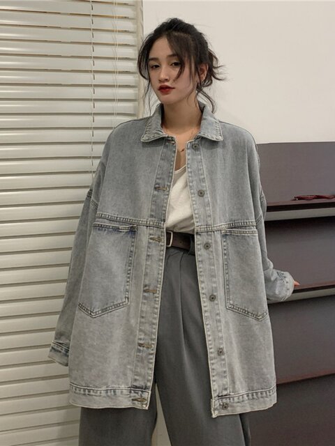 jacket denim ແບບຄລາສສິກ BF ສໍາລັບແມ່ຍິງພາກຮຽນ spring ແລະດູໃບໄມ້ລົ່ນບວກຂະຫນາດໄຂມັນ mm ຮ່ອງກົງແບບ retro cardigan jacket ແບບເກົາຫຼີວ່າງເທິງ