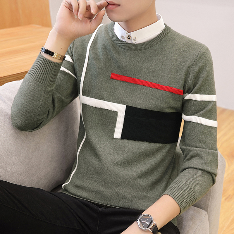 Shirt collar sweater male Garvet thickened Korean version with collar knitwear fall Trend fake Two bottom blouses autumn winter