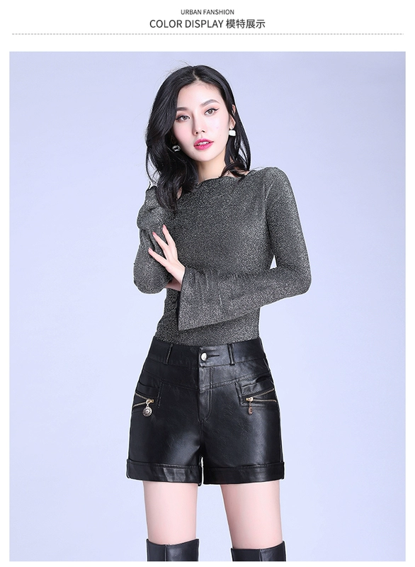Quần short da nữ hoang dã PU da Hàn Quốc quần cao eo thẳng quần nữ kích thước lớn quần đáy quần màu đen quần da giản dị