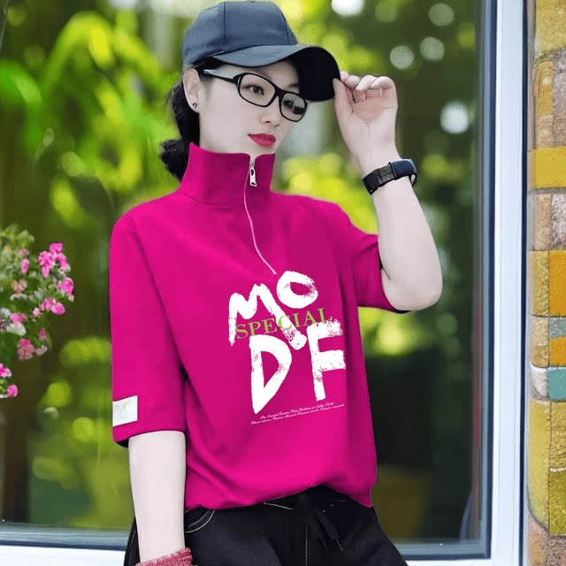 ຢືນຄໍບາງໆ pullover ຝ້າຍບໍລິສຸດຂອງແມ່ຍິງ ins ແຂນເຄິ່ງ