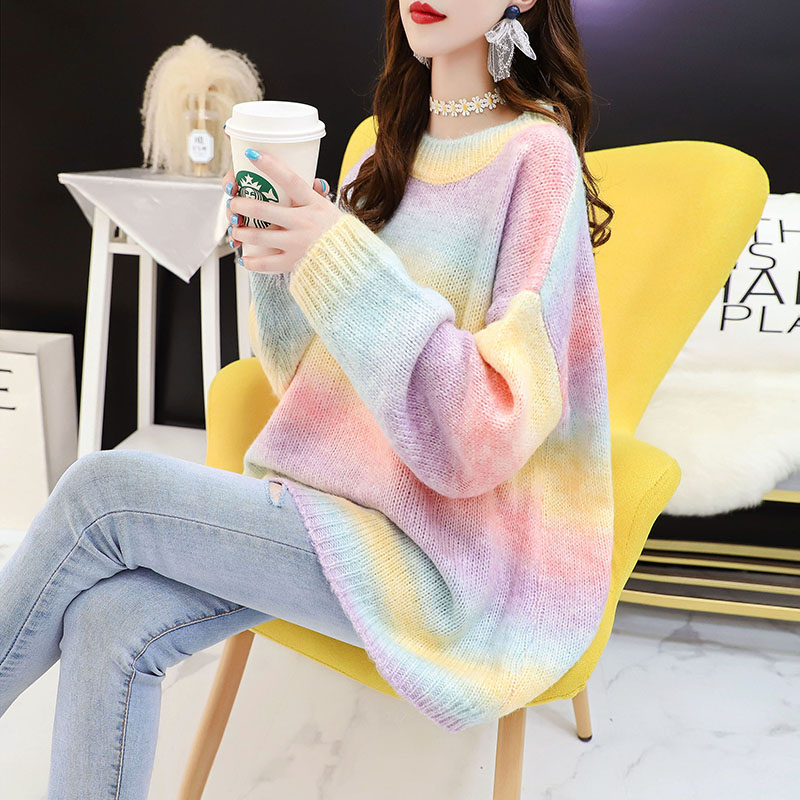 Rainbow Japanese sweater pullover female autumn 2022 new Korean version loose cocoon type lazy wind knitted sweater top trend